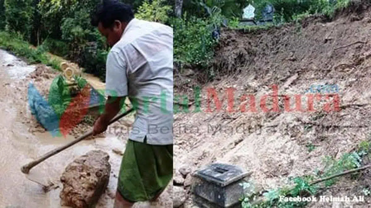 Warga membersihkan material longsor dan mengembalikan batu nisa (Foto. Facebook Helmah Ali)