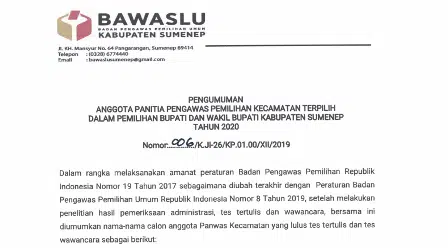 Bawaslu Sumenep Umumkan Panwascam Terpilih Untuk Pilkada 2020, Cek nama-namanya berikut ini