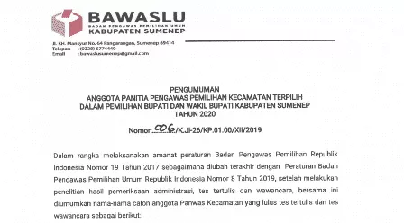 Bawaslu Sumenep Umumkan Panwascam Terpilih Untuk Pilkada 2020, Cek nama-namanya berikut ini