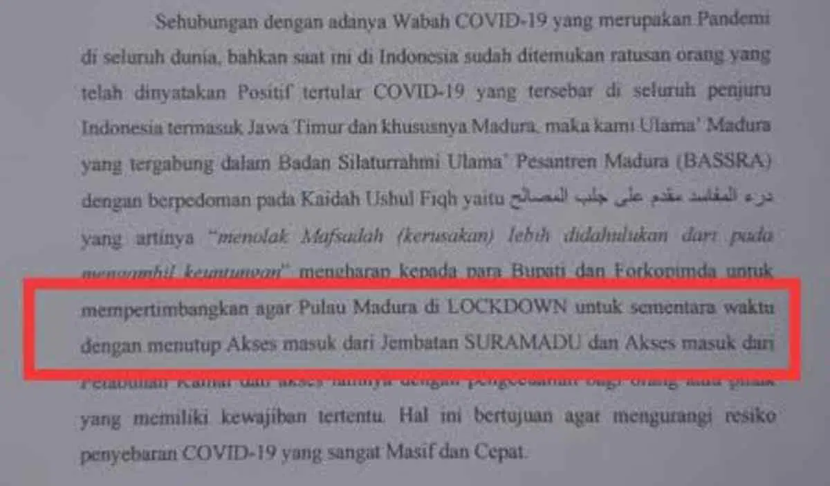 Ulama Pesantren Minta Madura Lockdown
