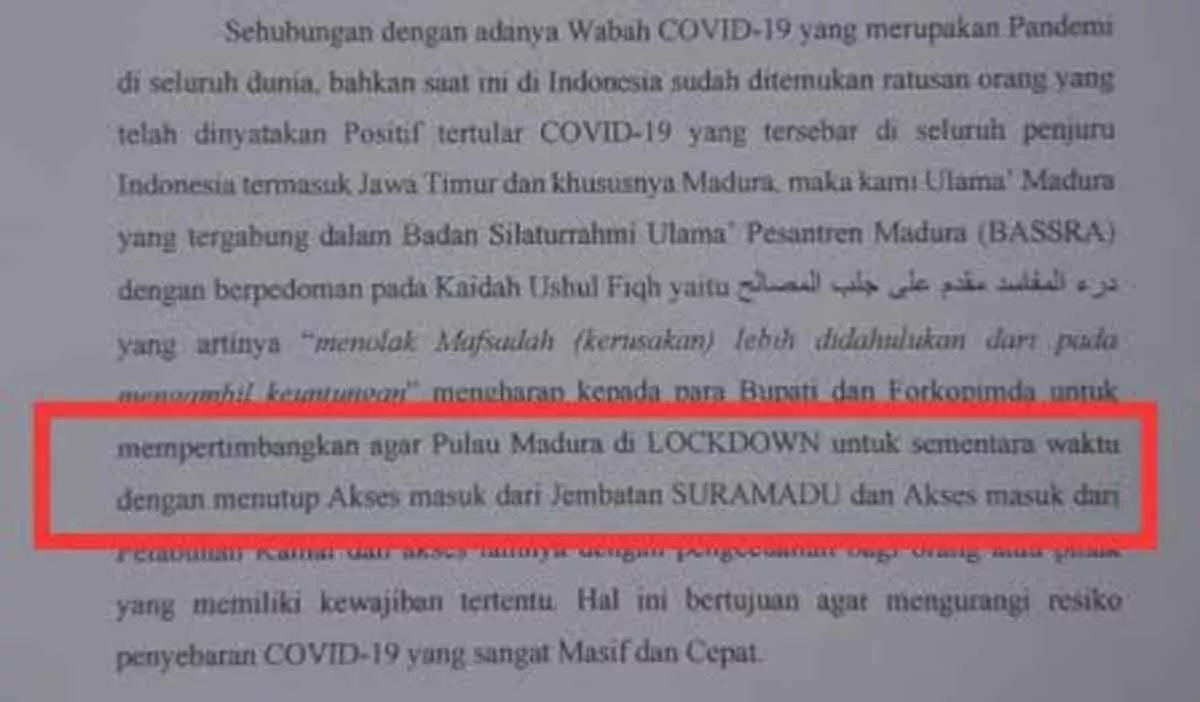 Ulama Pesantren Minta Madura Lockdown