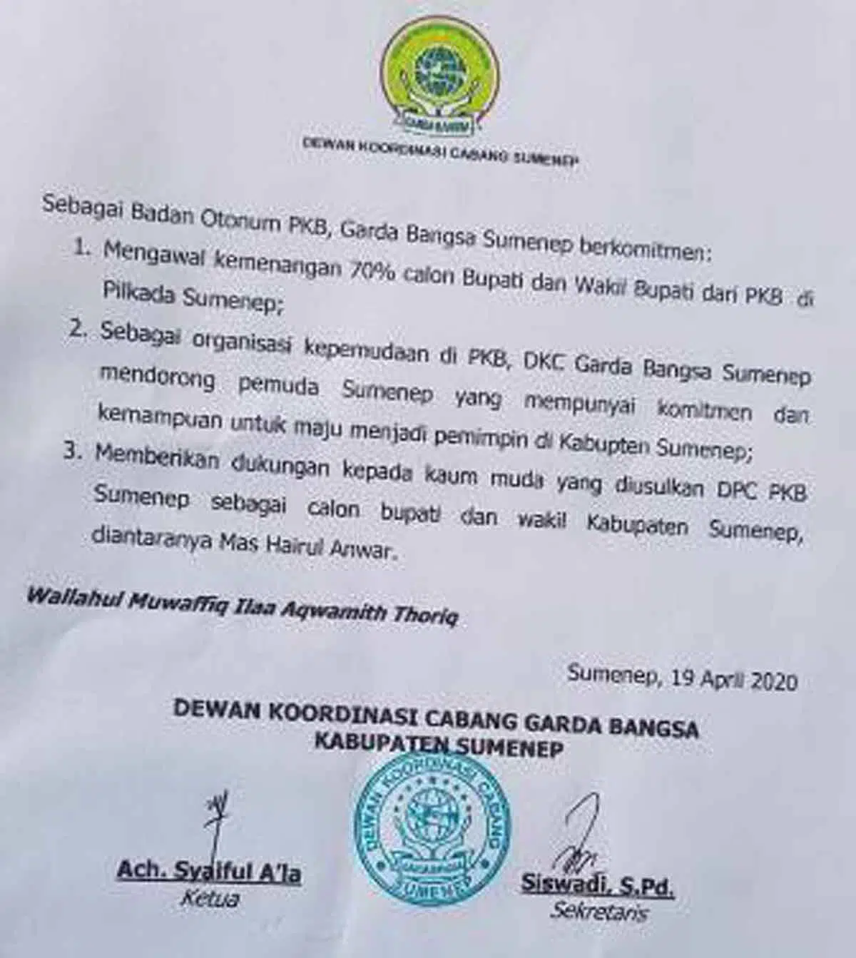 Hairul Anwar Dapat Lampu Hijau, Garda Bangsa Kawal Kemenangan 70% pada Pilkada Sumenep