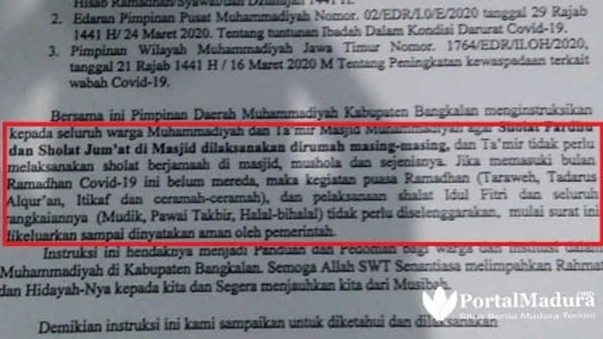 Pandemi Covid-19, Muhammadiyah Bangkalan Terbitkan Instruksi Salat Jemaah di Masjid Ditiadakan