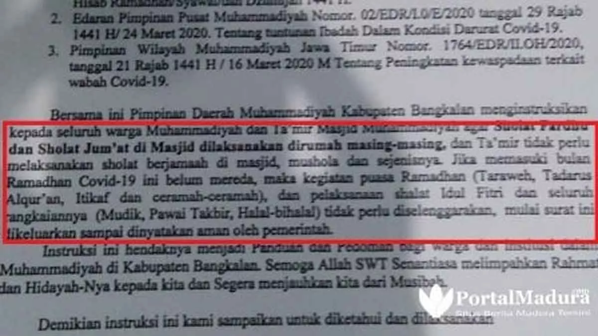 Pandemi Covid-19, Muhammadiyah Bangkalan Terbitkan Instruksi Salat Jemaah di Masjid Ditiadakan