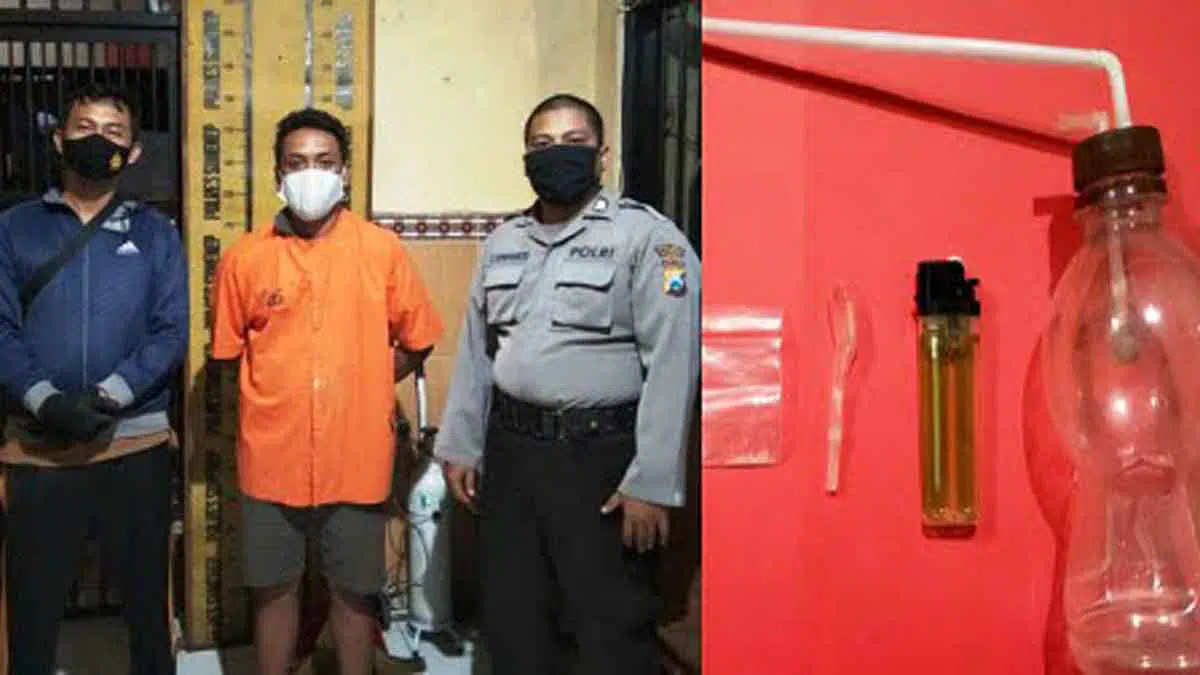 Tersangka kenakan baju tahanan dan barang bukti alat hisap sabu diamankan Satresnarkoba Polres Sumenep (Foto. Humas Polres Sumenep)