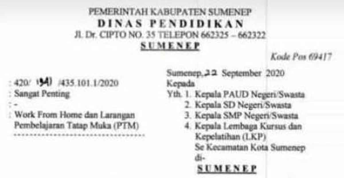 Surat Diknas Sumenep (tangkapan layar)
