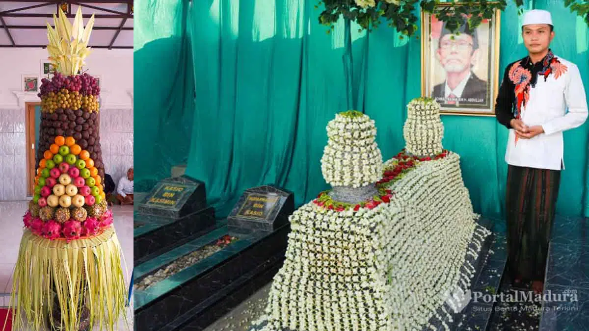 Hormati Leluhur, Unik Rangkaian Bunga di Batu Nisan & Gunungan Ragam Buah