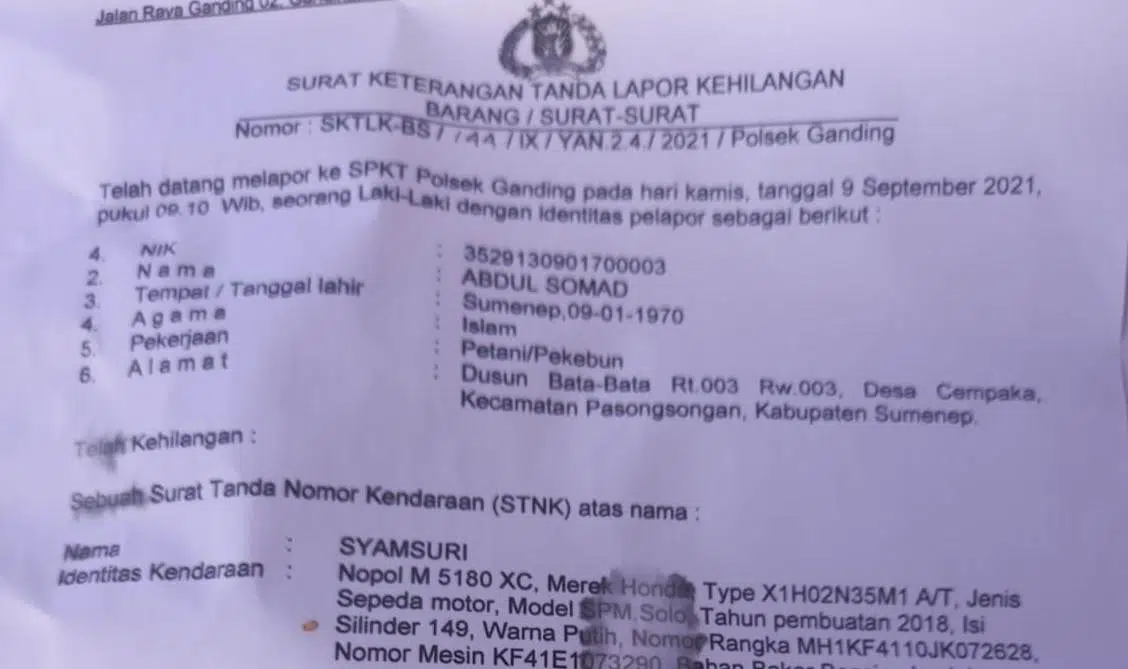Warga Campaka Pasongsongan Kehilangan STNK Sepeda Motor