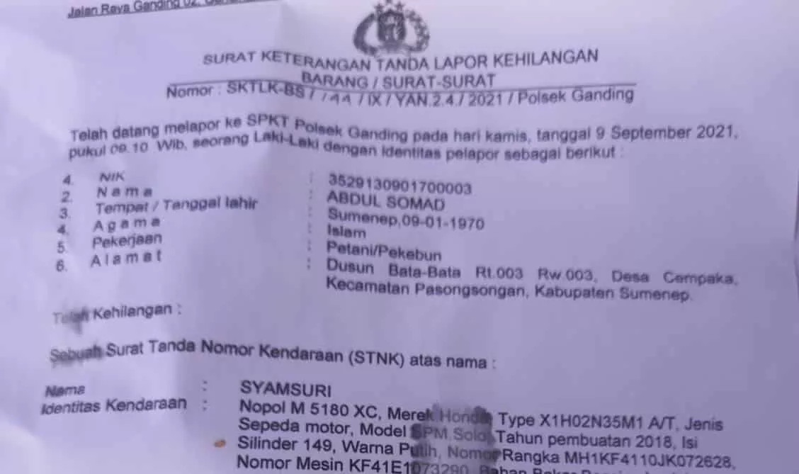 Warga Campaka Pasongsongan Kehilangan STNK Sepeda Motor