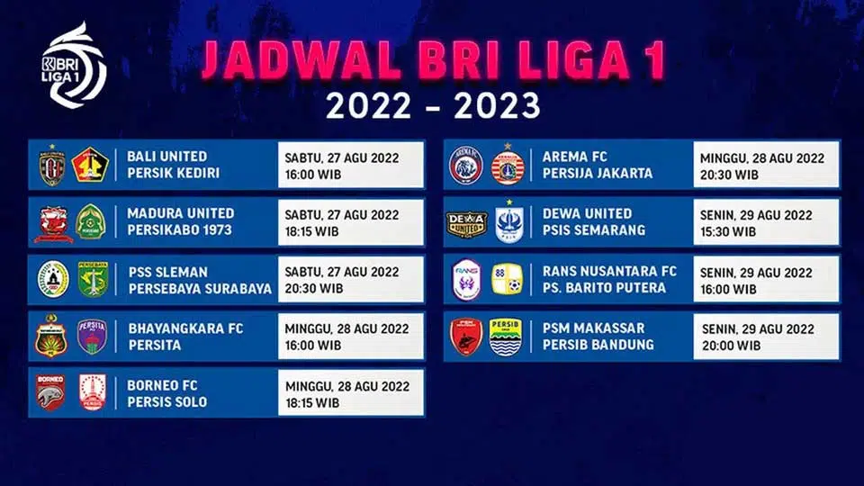 Jadwal Pertandingan BRI Liga 1 Pekan 7, 27-29 Agustus 2022