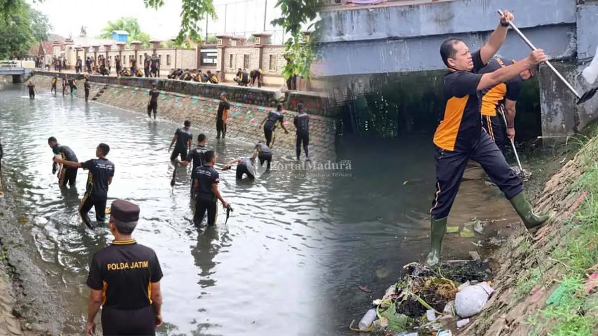 Antisipasi Banjir, Polres Sumenep Bersihkan Bantaran Kali Marengan