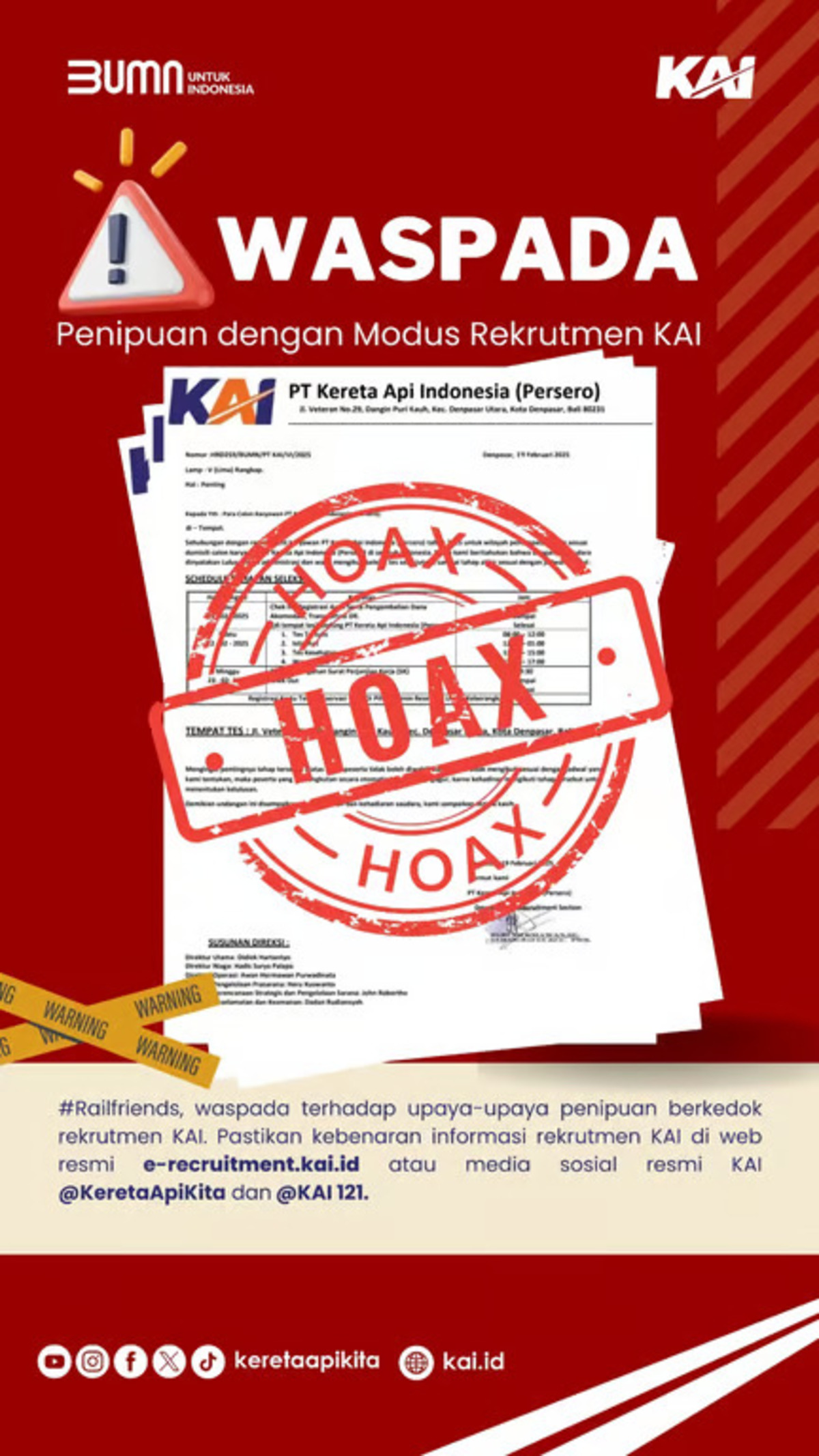 KAI Kembali Mengimbau Masyarakat Waspada Penipuan Berkedok Rekrutmen (Sumber : KAI)