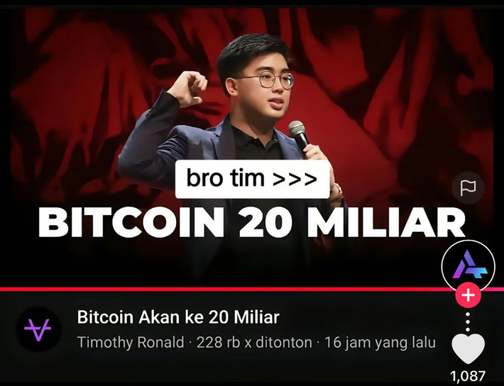 Timothy Ronald Prediksi Harga Bitcoin Capai Rp20 Miliar