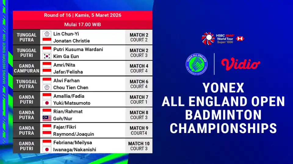 All England 2026 Memanas: 8 Wakil Indonesia Bertarung di Babak 16 Besar, Saksikan Live Streaming di Vidio