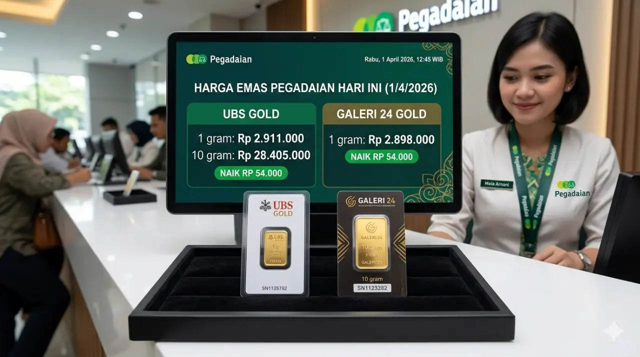 Harga emas di Pegadaian melonjak Rp 54.000 per gram hari ini, 1 April 2026. Cek rincian harga terbaru emas UBS dan Galeri 24 di sini!