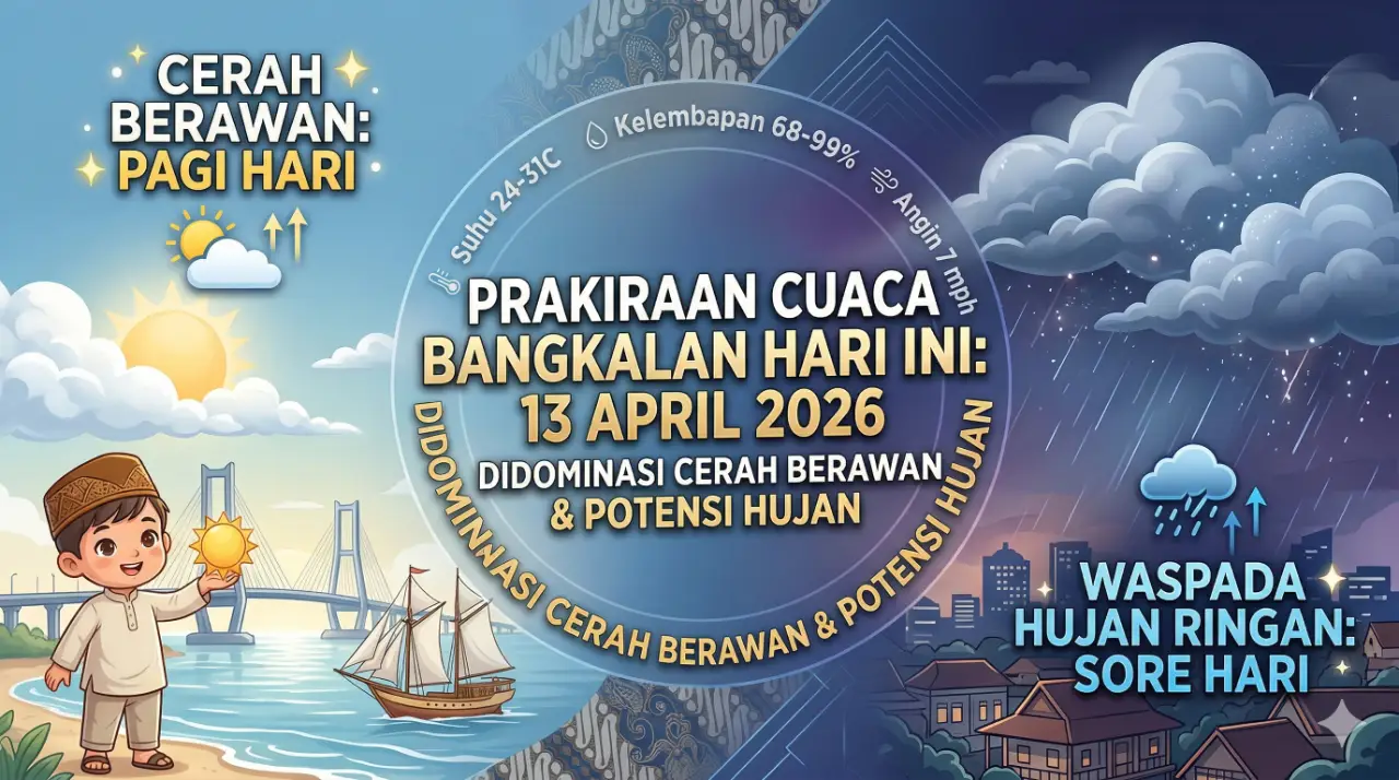 Prakiraan Cuaca Bangkalan Hari Ini Senin 13 April 2026: Didominasi Cerah Berawan, Waspada Hujan Ringan di Sore Hari!