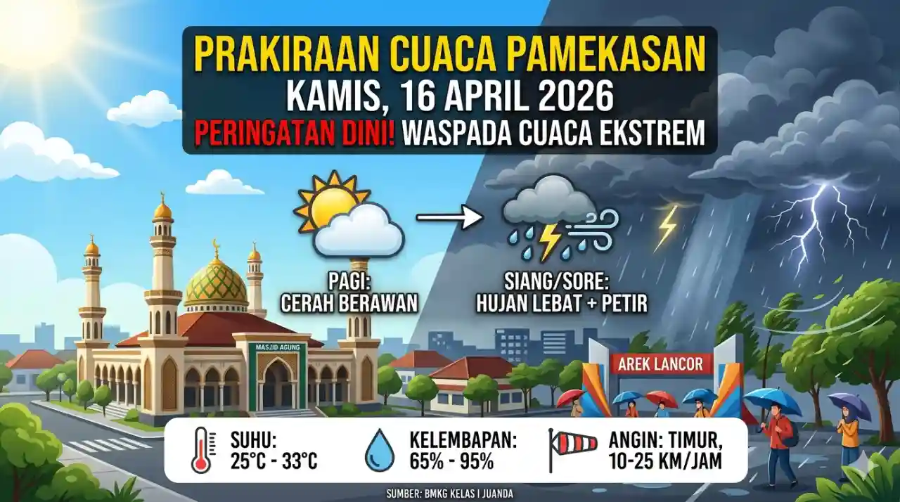 Waspada Cuaca Ekstrem! Prakiraan Cuaca Pamekasan Hari Ini 16 April 2026: Potensi Hujan Lebat di Siang Hari