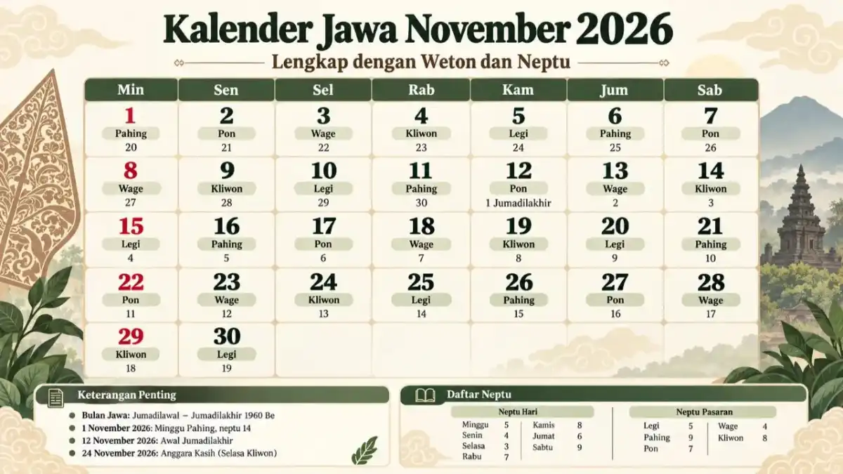 Kalender Jawa November 2026 Lengkap Weton, Neptu, dan Hari Penting