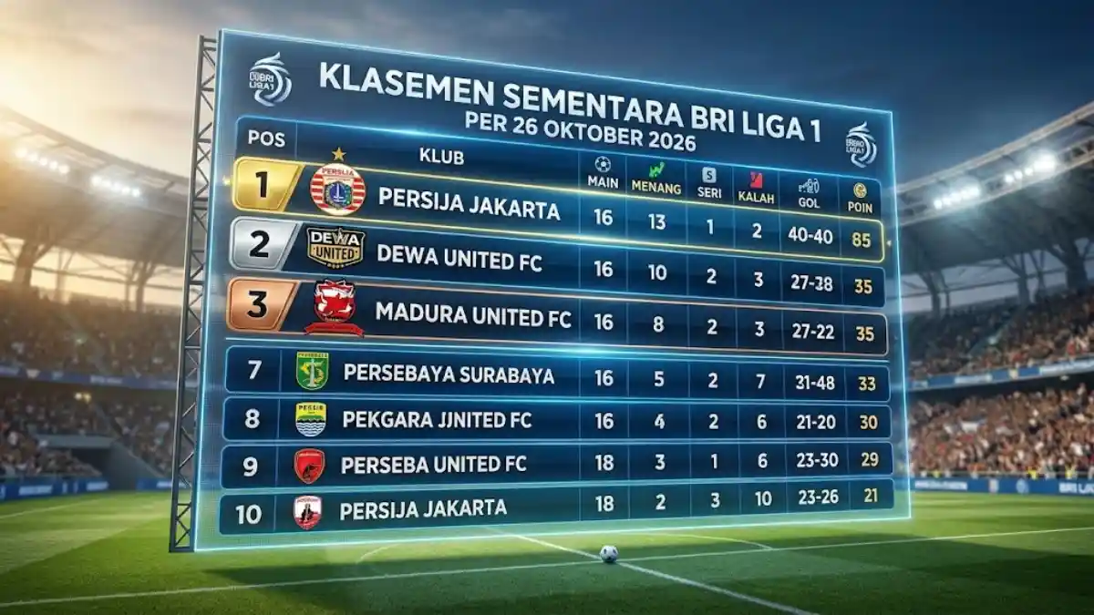 Klasemen Sementara Liga 1 Per 26 Oktober 2026: Persija Kokoh di Puncak, Madura United dan Persebaya Sengit